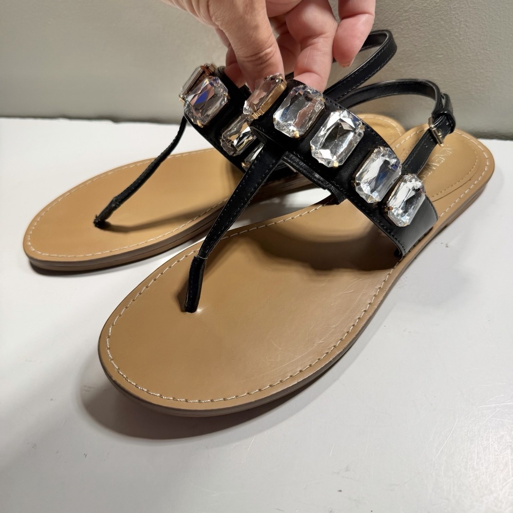 Nine West New 9.5 Jeweled Thong Flip Flop Sandal Ankle Strap Black